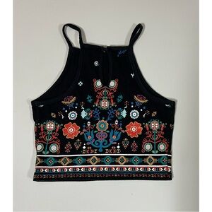 Black Boho Bohemian Floral Print Square-Neck Halter Crop Top Shirt Size XS 🌻✨